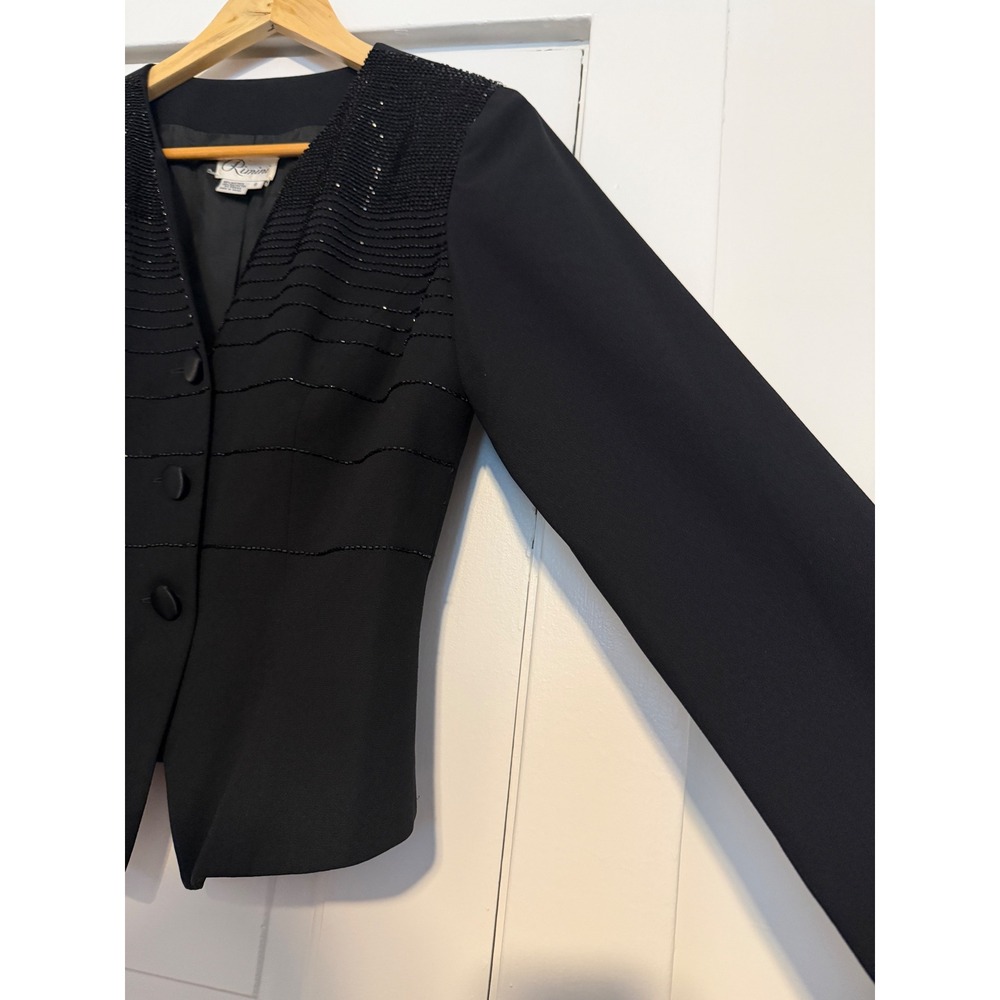 VTG Rimini Black Beaded Evening Jacket Womens 8 V-Neck Satin Button Blazer - Picture 10 of 14